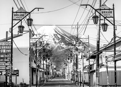 Shimoyoshida Honcho Street with Mount Fuji | monochrome