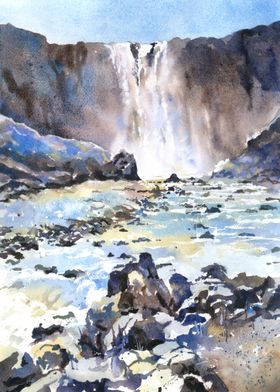 Colorful Iceland waterfall landscape painting, fine art print Icelandic home decor housewarming gift travel essentials