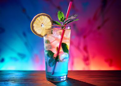 Blue Cocktail with Lemon and Mint