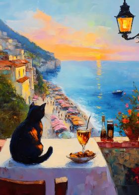 Cat Watching Sunset Over Italian Coast