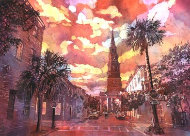 Charleston SC church colorful watercolor batik painting landscape art handmade item travel essentials are for house giclee