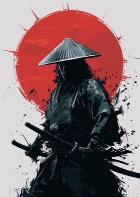 Samurai Warrior with Red Moon