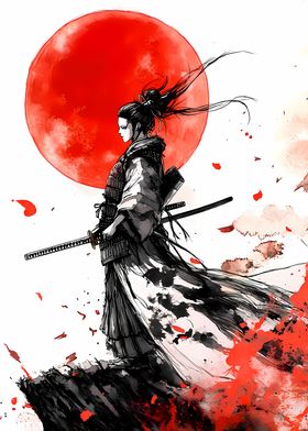 Samurai Woman with Red Moon