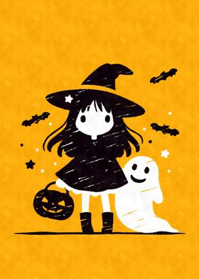 Kawaii Halloween Witch and Ghost