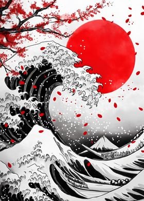 Katsushika Hokusai wave red moon