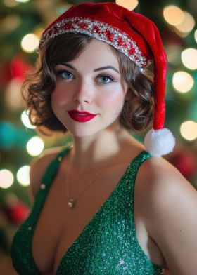 Woman in Green Dress and Santa Hat