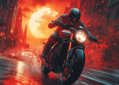 Motorcycle Rider in Red City