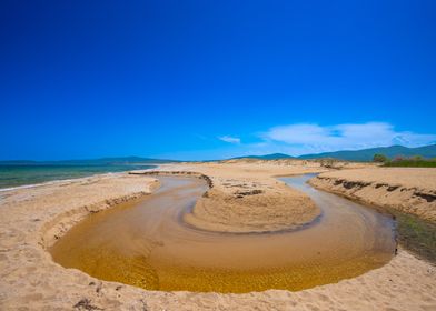 A wild river by the sandy beach by the sea