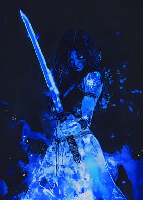 Blue Flame Anime Demon Warrior Girl