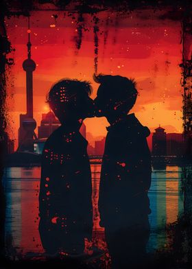 Silhouette Kiss at Sunset