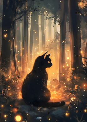 Black Cat in Magical Forest