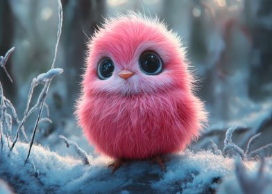 Pink Fluffy Bird in Winter