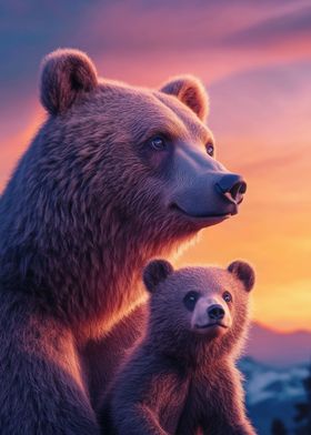 Mother Bear and Cub at Sunset