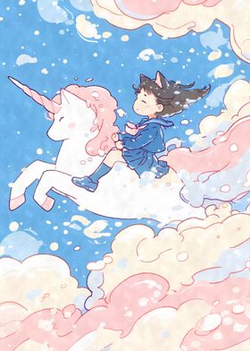 Kawaii Girl Riding Unicorn in Clouds