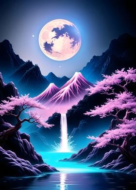 Moonlit Waterfall Cherry Blossom Japan Art