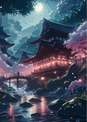 Japanese Temple Night Scene