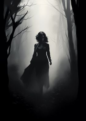 Mysterious woman in a misty forest