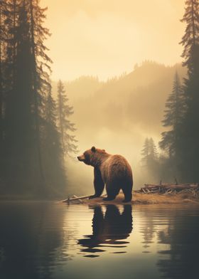 Bear in Misty Forest