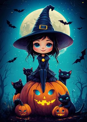 Cute Witch with Black Cats