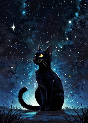 Black Cat Under Starry Sky