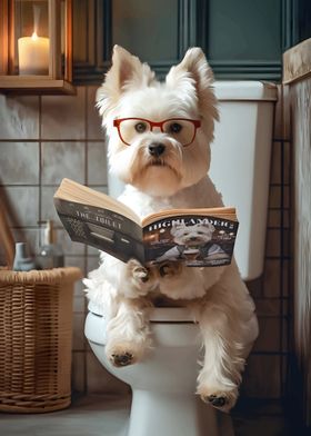 Dog Reading on Toilet