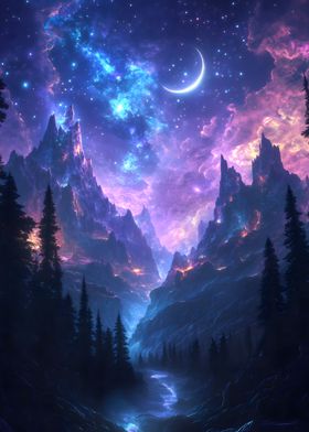 Fantasy Mountain Cosmic Neon Glow and Forest