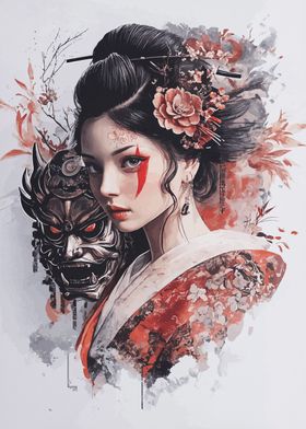 Geisha with Oni Mask