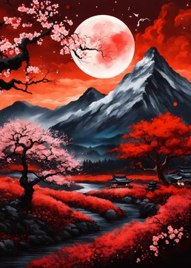 Red Moon Japanese Landscape