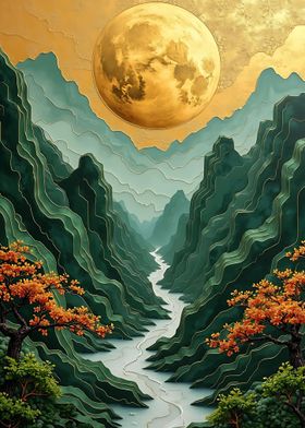 Golden Moon Over Mountains Kintsugi Landscape