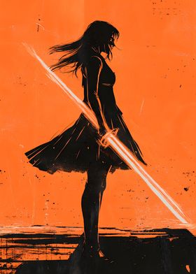 Silhouette Dark Demon Anime Warrior Orange Sword