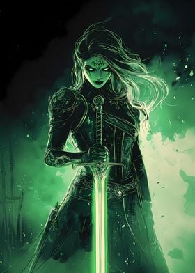 Warrior Anime Demon Woman with Green Sword