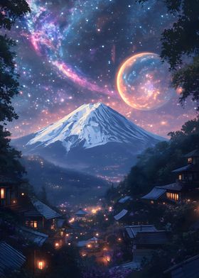 Mount Fuji Japan Cosmic Nebula Sky