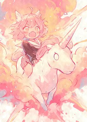 Kawaii Cat Girl on Unicorn