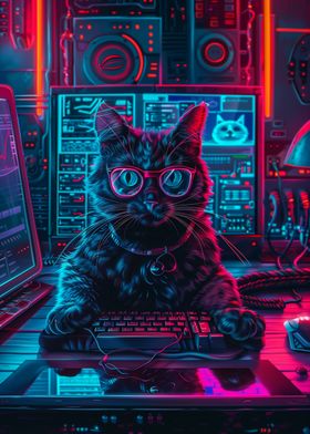 Gamer Cat in Neon Room