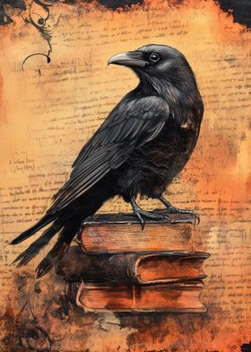 Raven On Old Vintage Books