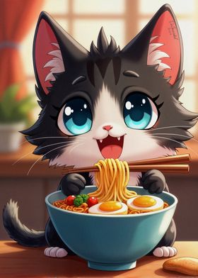 Chibi Cute Cat Eatin