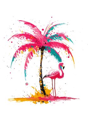 Pink Flamingo watercolor Palm Tree