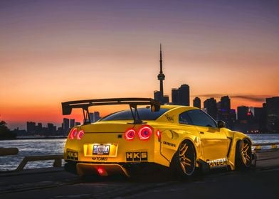 Yellow Nissan GT-R at Sunset