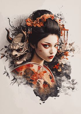 Geisha with Oni Mask