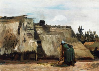 A peasant woman digging in front of her cottage