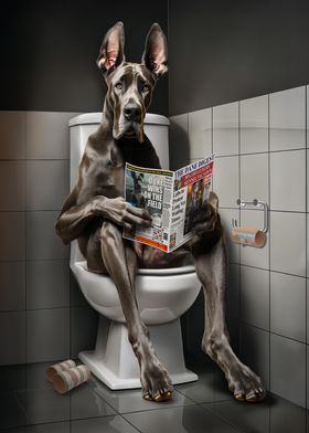 Great Dane Reading on Toilet