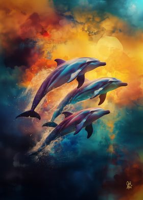 Dolphins Leaping Through Clouds