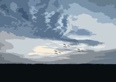 Birds Flying in Cloudy Sky