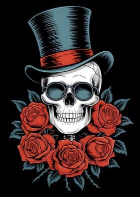 Skull with Top Hat and Roses