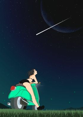 Anime Girl on Scooter Under Stars