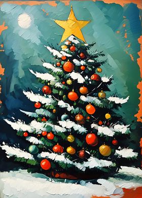 Oil Painting Snowy Christmas Tree