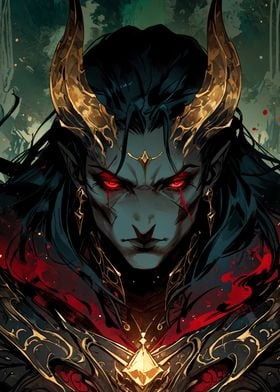 Dark-Haired Demon with Golden Horns