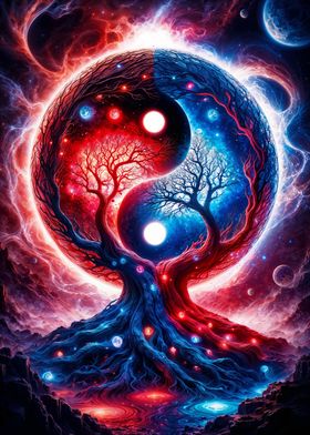 Yin Yang Space Landscape in Red and Blue