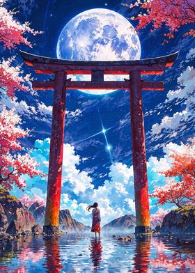 Japanese Moonlit Torii Landscape