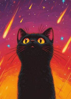 Black Cat Under Shooting Stars